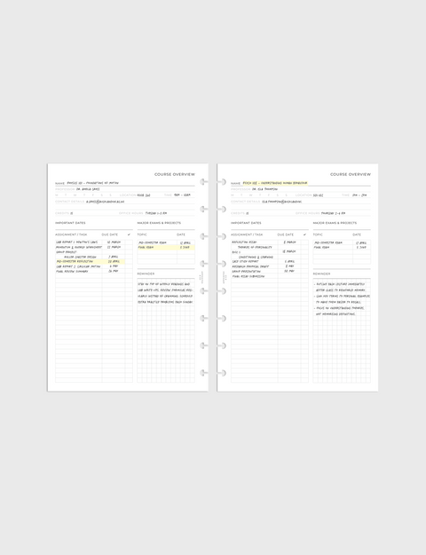 Course Overview Planner Inserts
