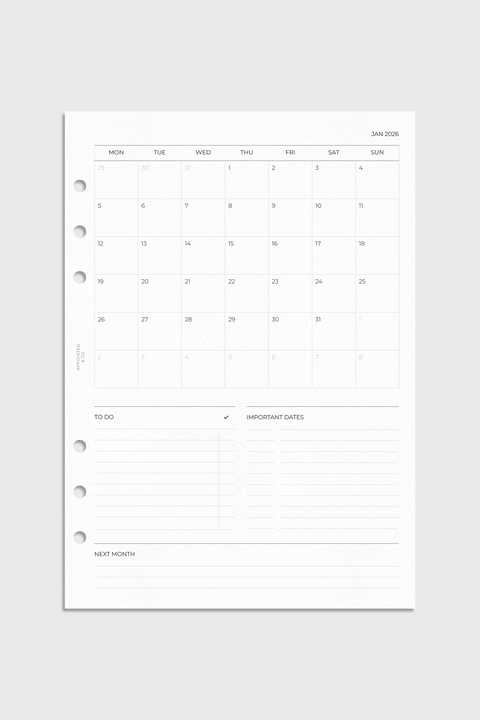 Dated Planner Inserts 2026 | Month on 1 Page