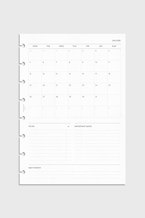 Dated Planner Inserts 2026 | Month on 1 Page