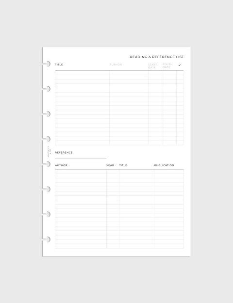 Reading and Reference List Planner Inserts